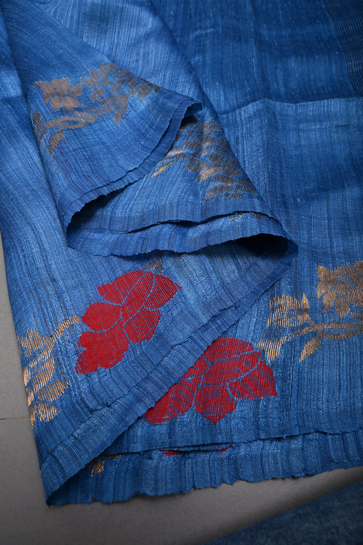 Blue Geecha Tussar Silk Saree with Jamdani Meenakari Weaving Border and pallu | SILK MARK CERTIFIED | SHOBITAM