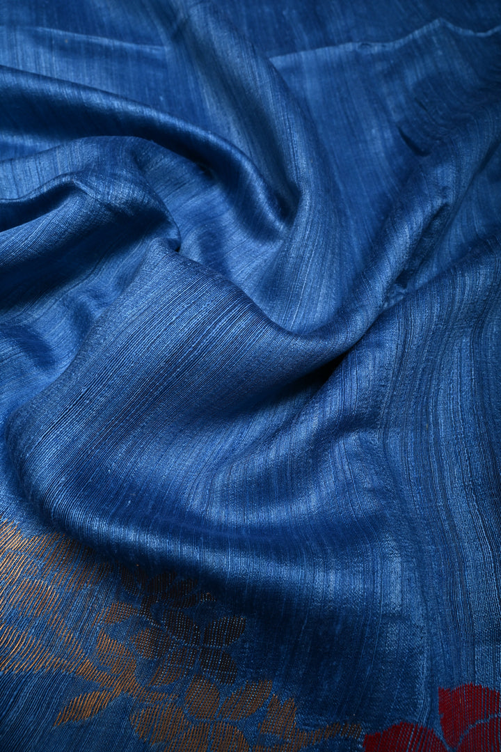 Blue Geecha Tussar Silk Saree with Jamdani Meenakari Weaving Border and pallu | SILK MARK CERTIFIED | SHOBITAM