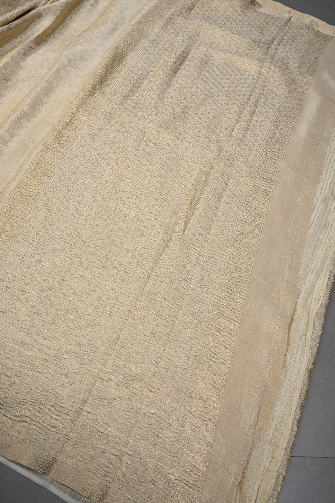 Trendy Crinkled brocade weave Creamy Gold Mysore Silk Saree with Self Floral Jaal  | SILK MARK CERTIFIED | SHOBITAM
