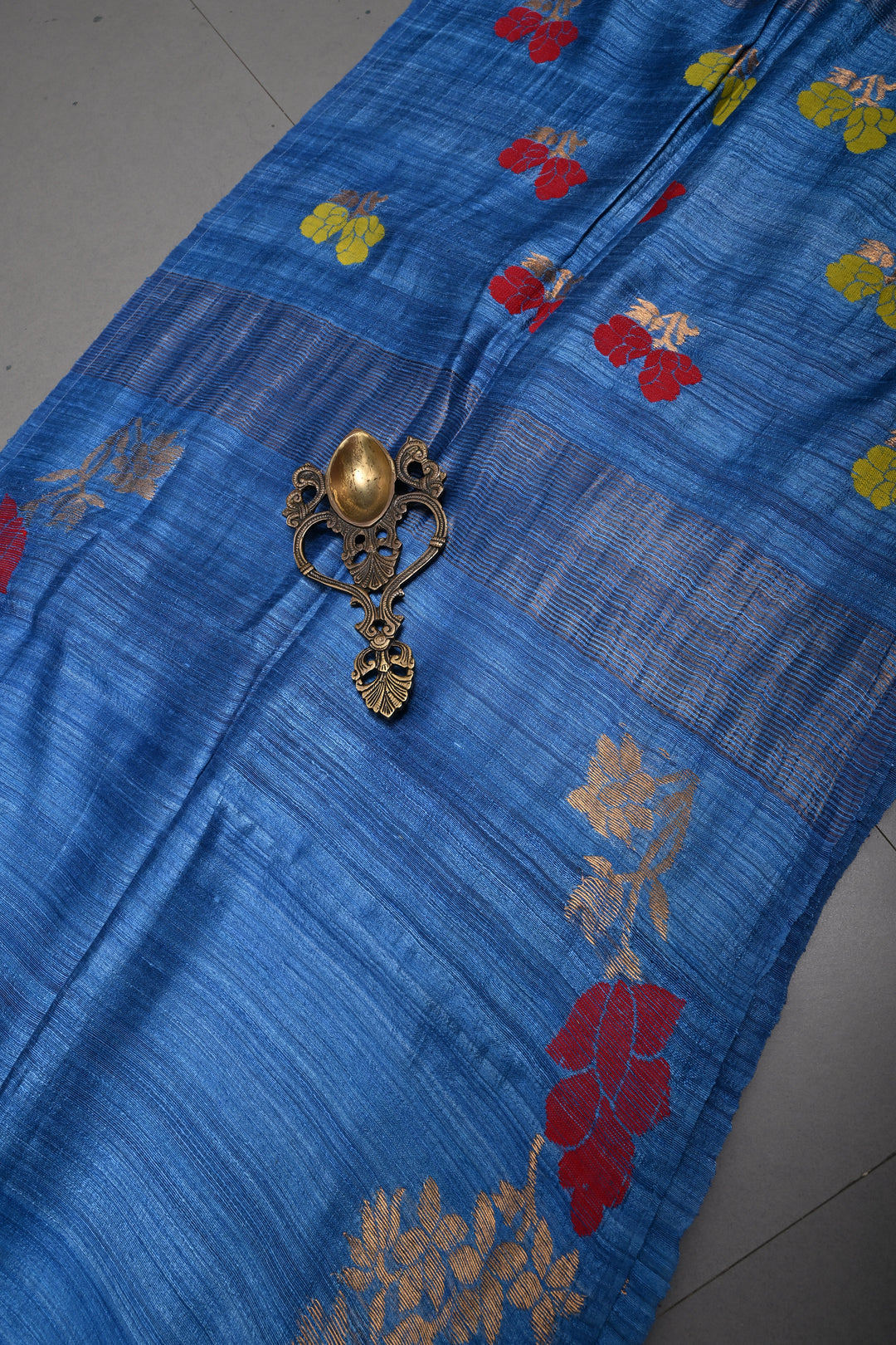Blue Geecha Tussar Silk Saree with Jamdani Meenakari Weaving Border and pallu | SILK MARK CERTIFIED | SHOBITAM
