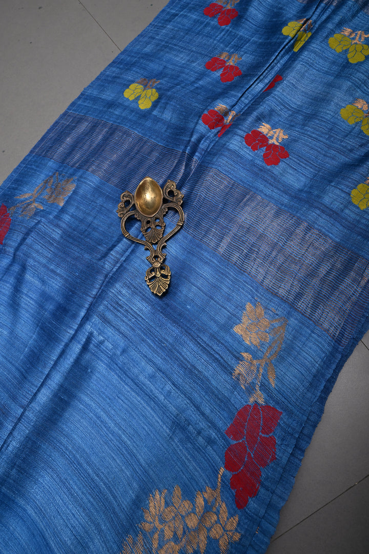 Blue Geecha Tussar Silk Saree with Jamdani Meenakari Weaving Border and pallu | SILK MARK CERTIFIED | SHOBITAM