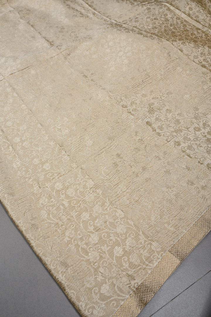 Trendy Crinkled brocade weave Creamy Gold Mysore Silk Saree with Self Floral Jaal  | SILK MARK CERTIFIED | SHOBITAM