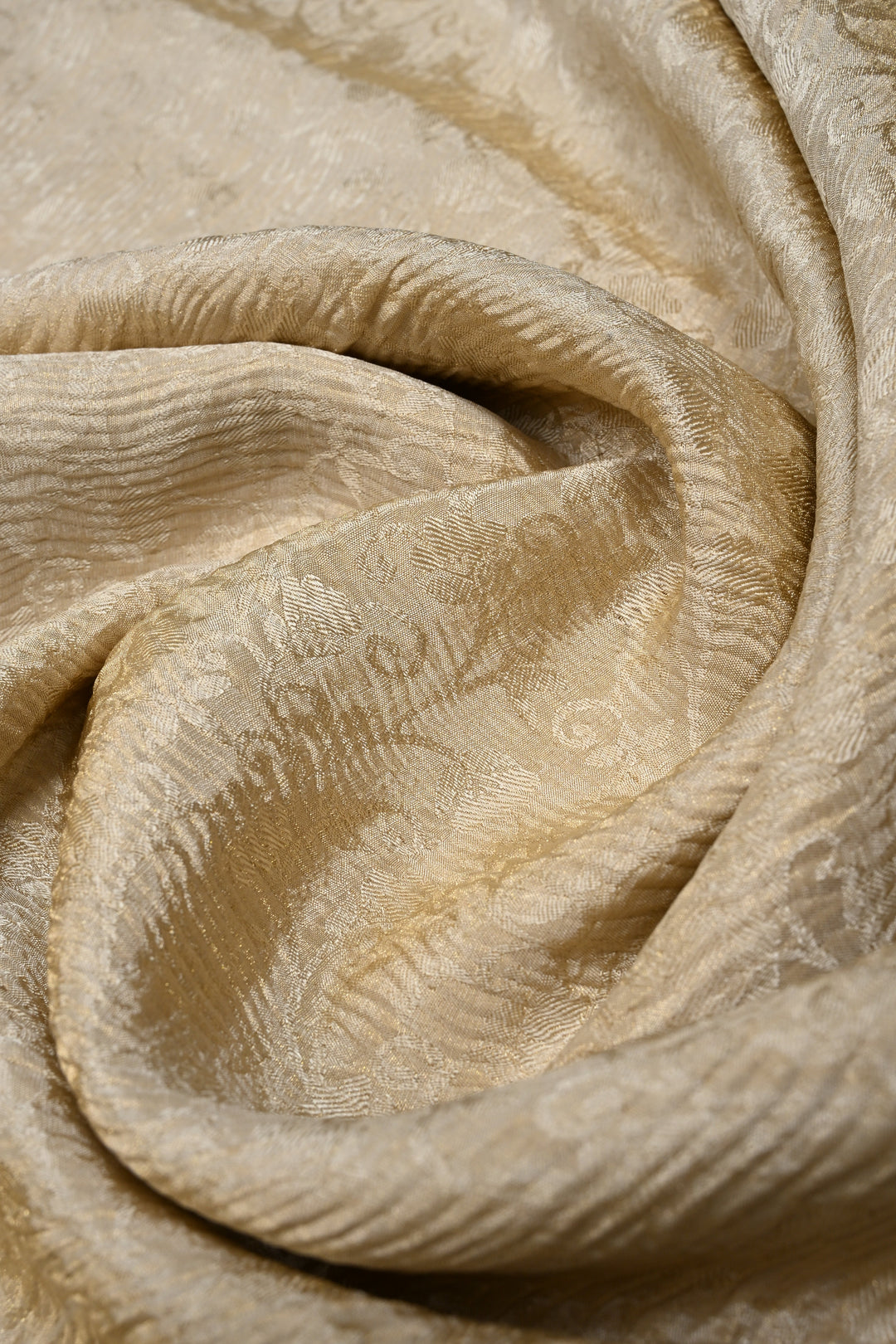 Trendy Crinkled brocade weave Creamy Gold Mysore Silk Saree with Self Floral Jaal  | SILK MARK CERTIFIED | SHOBITAM