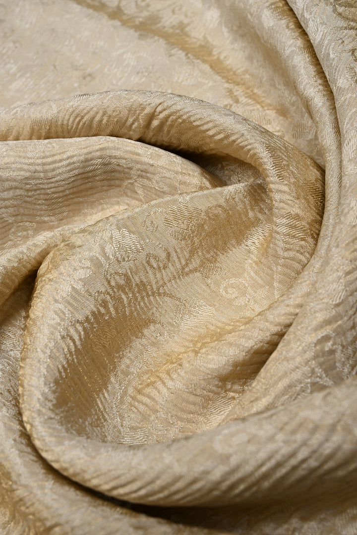 Trendy Crinkled brocade weave Creamy Gold Mysore Silk Saree with Self Floral Jaal  | SILK MARK CERTIFIED | SHOBITAM