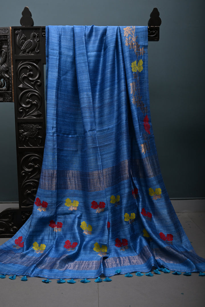 Blue Geecha Tussar Silk Saree with Jamdani Meenakari Weaving Border and pallu | SILK MARK CERTIFIED | SHOBITAM