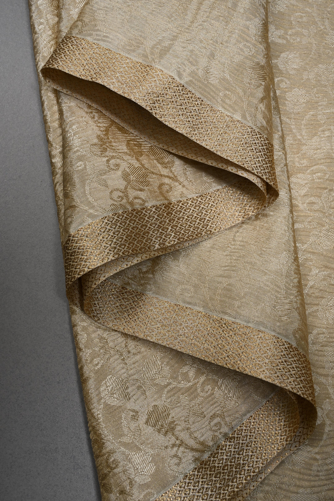 Trendy Crinkled brocade weave Creamy Gold Mysore Silk Saree with Self Floral Jaal  | SILK MARK CERTIFIED | SHOBITAM
