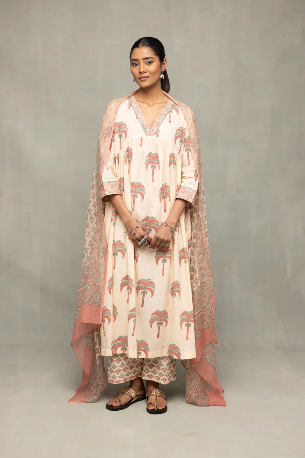 Beige Palm Hand Block Print Suit Set With Dupatta | SHOBITAM