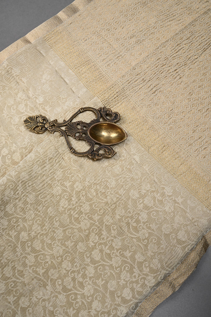 Trendy Crinkled brocade weave Creamy Gold Mysore Silk Saree with Self Floral Jaal  | SILK MARK CERTIFIED | SHOBITAM