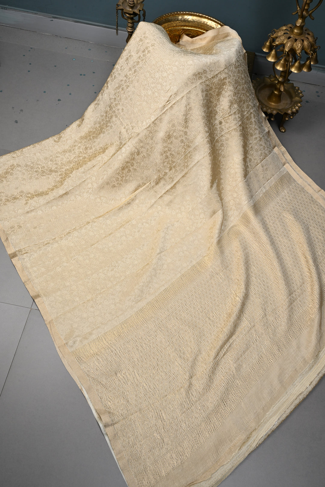 Trendy Crinkled brocade weave Creamy Gold Mysore Silk Saree with Self Floral Jaal  | SILK MARK CERTIFIED | SHOBITAM