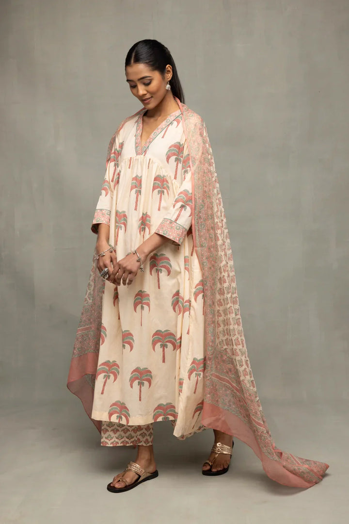 Cream and Pink Hand Block Palm Printed Kurta Set with Dupatta | SHOBITAM