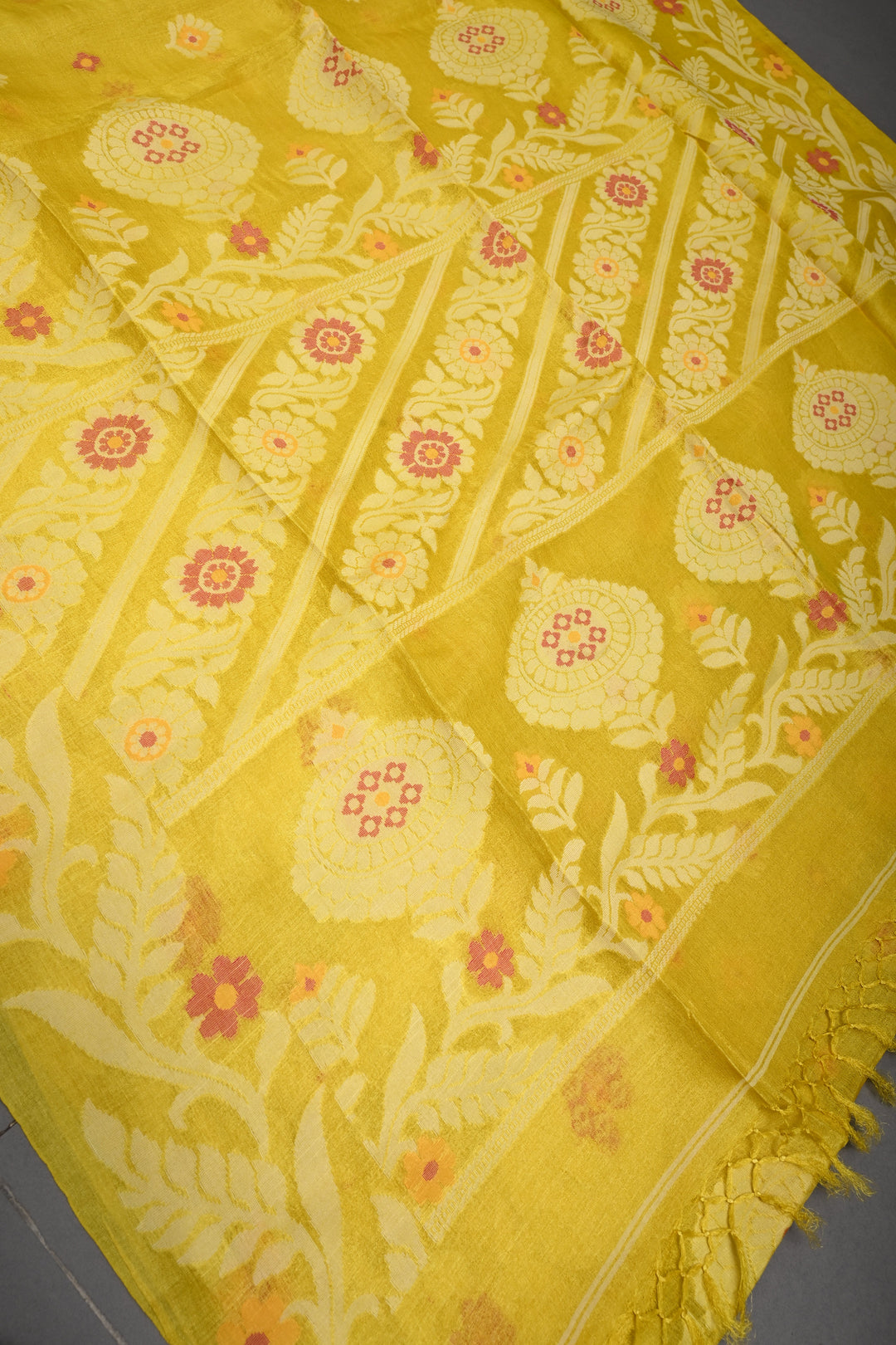 Canary Yellow Tussar Silk Saree with Jamdani Weave Buttas and Floral Border  | SILK MARK CERTIFIED | SHOBITAM