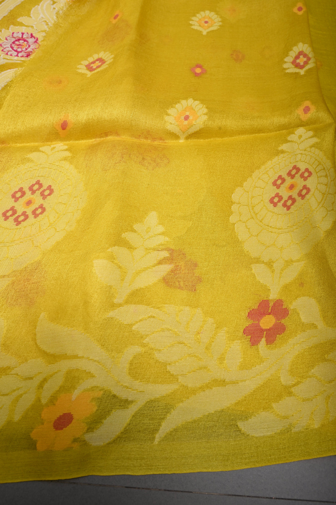 Canary Yellow Tussar Silk Saree with Jamdani Weave Buttas and Floral Border  | SILK MARK CERTIFIED | SHOBITAM