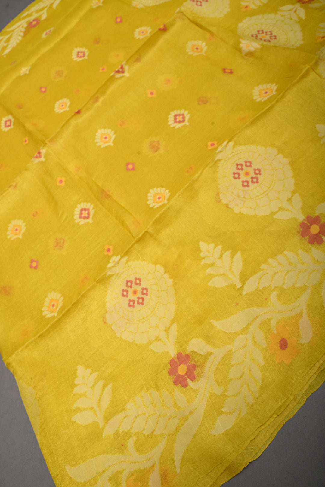 Canary Yellow Tussar Silk Saree with Jamdani Weave Buttas and Floral Border  | SILK MARK CERTIFIED | SHOBITAM