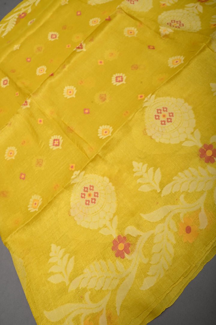 Canary Yellow Tussar Silk Saree with Jamdani Weave Buttas and Floral Border  | SILK MARK CERTIFIED | SHOBITAM
