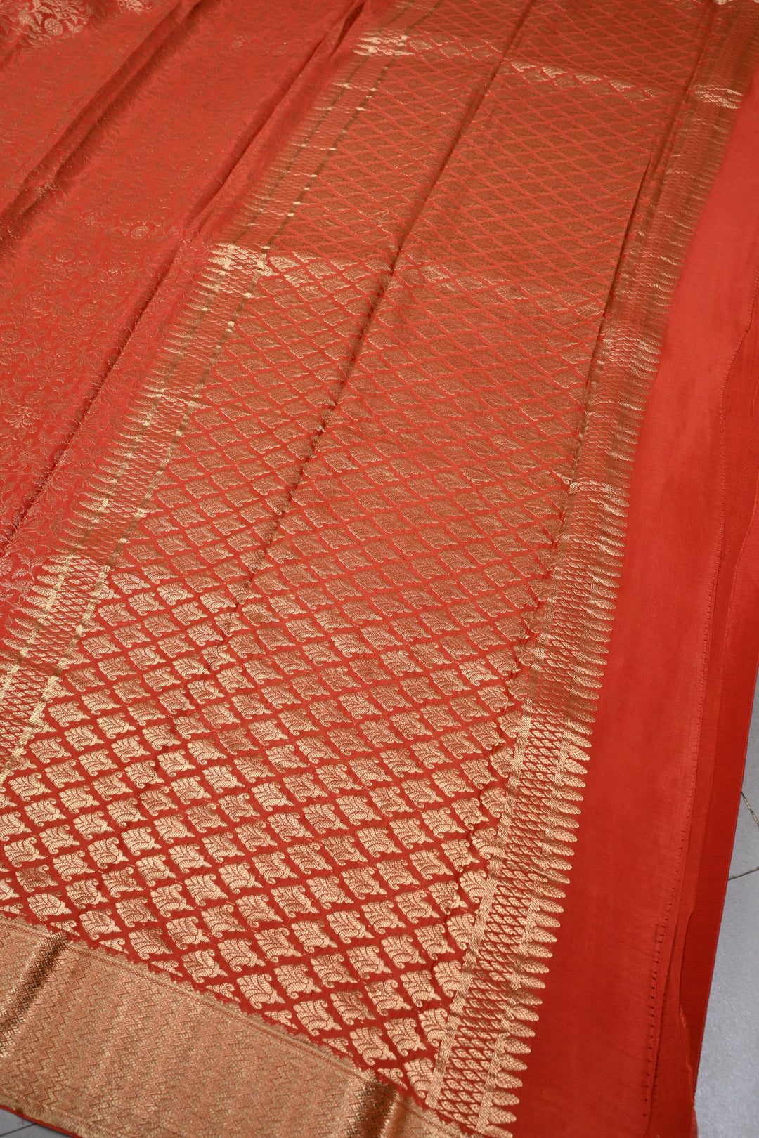 Rust Orange Mysore Silk Saree with Birds Floral Zari Brocade and Zari Border in KSIC Grade Thickness | SILK MARK CERTIFIED | SHOBITAM