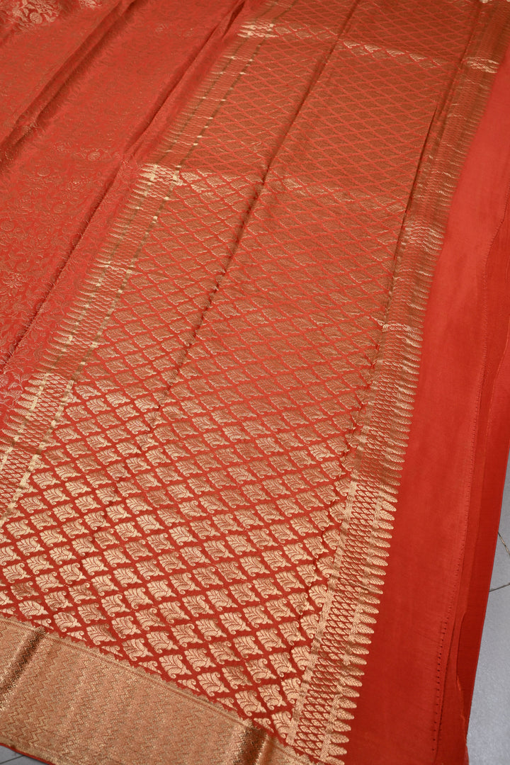 Rust Orange Mysore Silk Saree with Birds Floral Zari Brocade and Zari Border in KSIC Grade Thickness | SILK MARK CERTIFIED | SHOBITAM