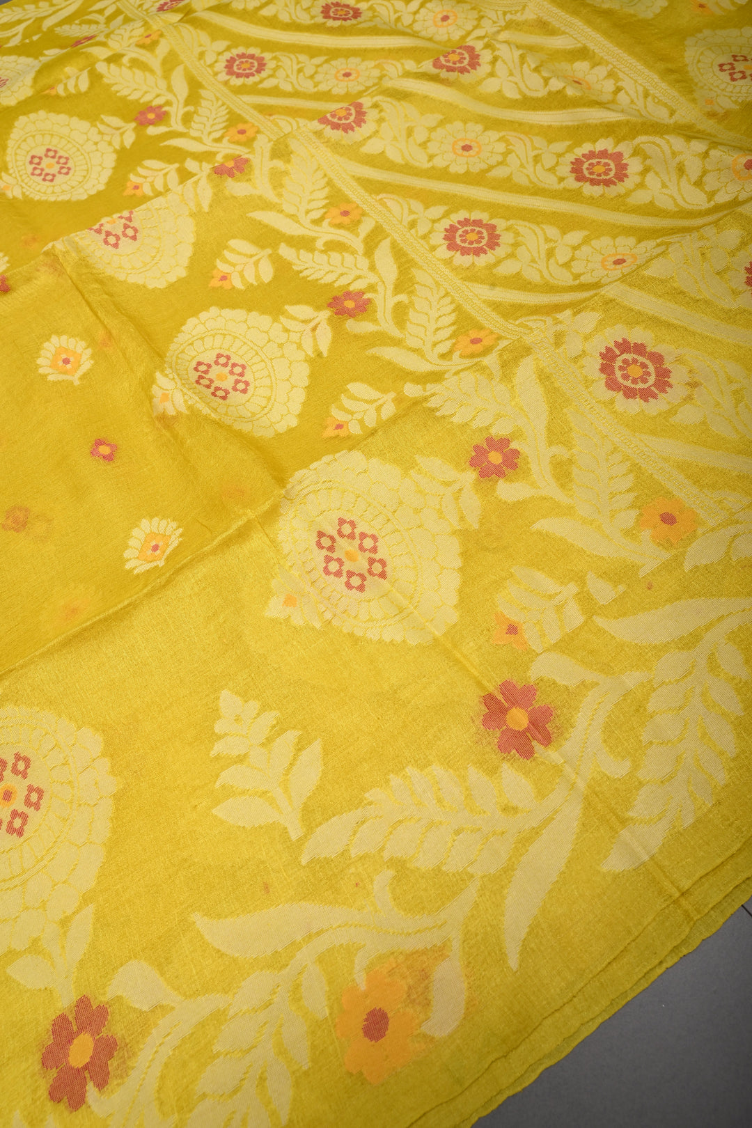 Canary Yellow Tussar Silk Saree with Jamdani Weave Buttas and Floral Border  | SILK MARK CERTIFIED | SHOBITAM