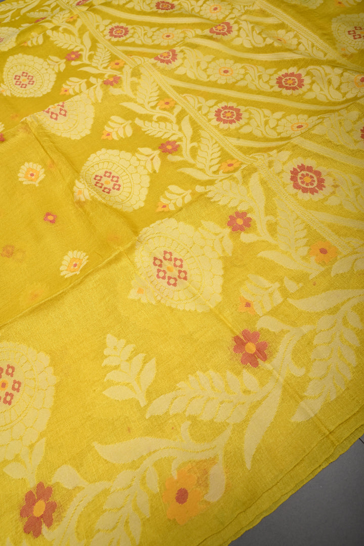 Canary Yellow Tussar Silk Saree with Jamdani Weave Buttas and Floral Border  | SILK MARK CERTIFIED | SHOBITAM