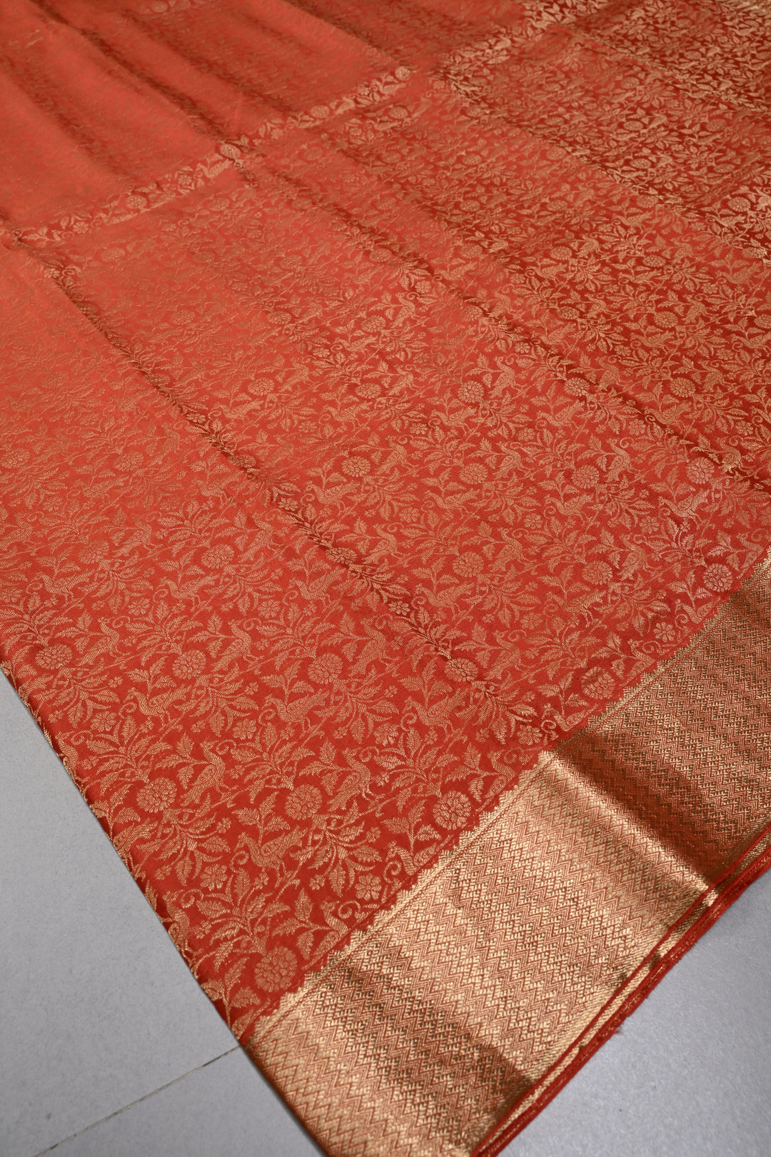 Rust Orange Mysore Silk Saree with Birds Floral Zari Brocade and Zari Border in KSIC Grade Thickness | SILK MARK CERTIFIED | SHOBITAM