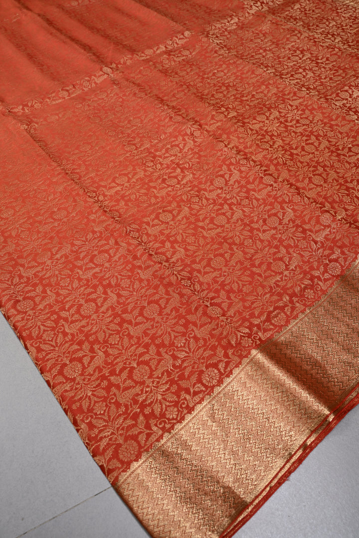 Rust Orange Mysore Silk Saree with Birds Floral Zari Brocade and Zari Border in KSIC Grade Thickness | SILK MARK CERTIFIED | SHOBITAM