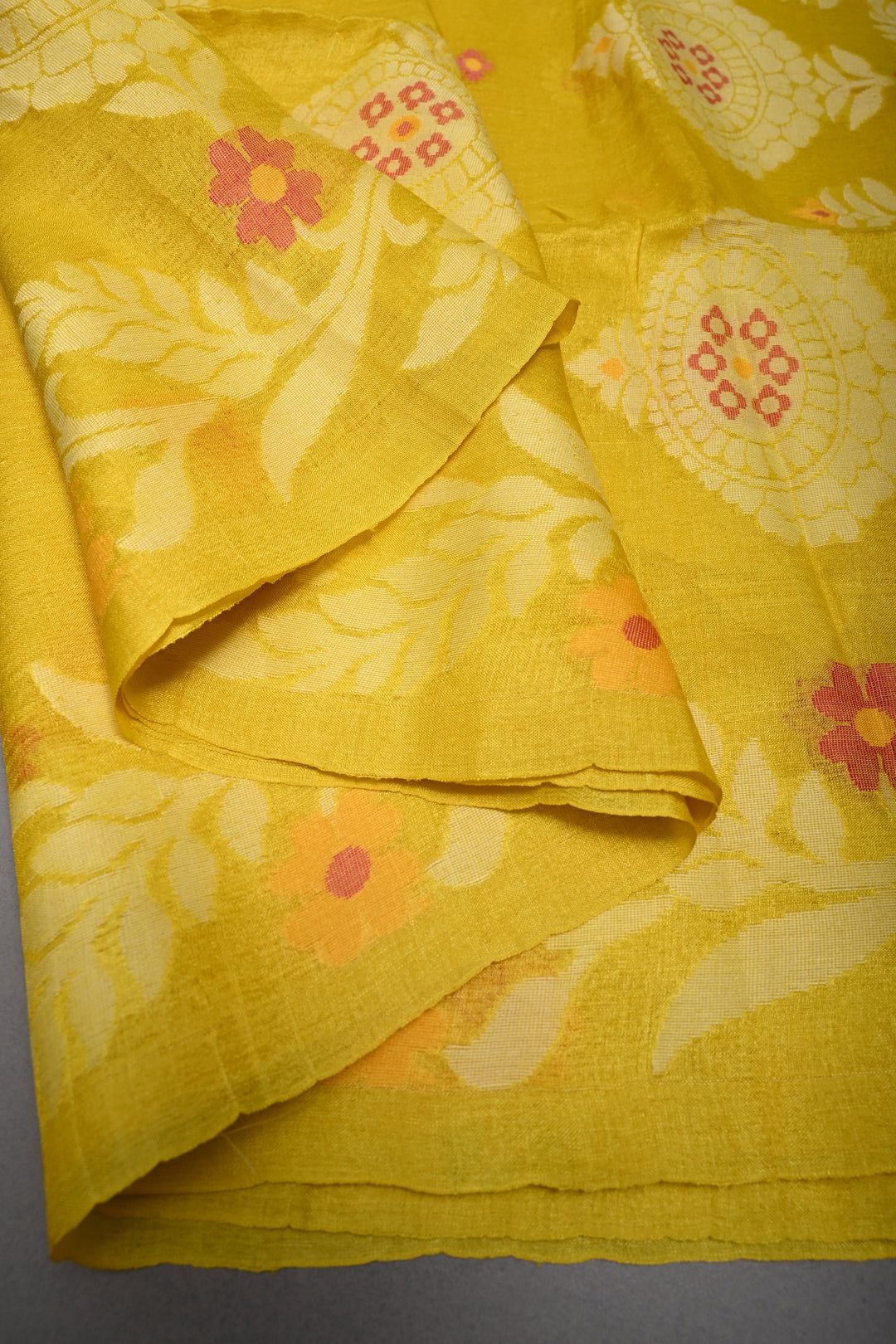 Canary Yellow Tussar Silk Saree with Jamdani Weave Buttas and Floral Border  | SILK MARK CERTIFIED | SHOBITAM
