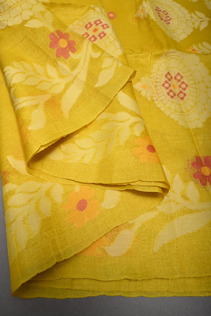 Canary Yellow Tussar Silk Saree with Jamdani Weave Buttas and Floral Border  | SILK MARK CERTIFIED | SHOBITAM