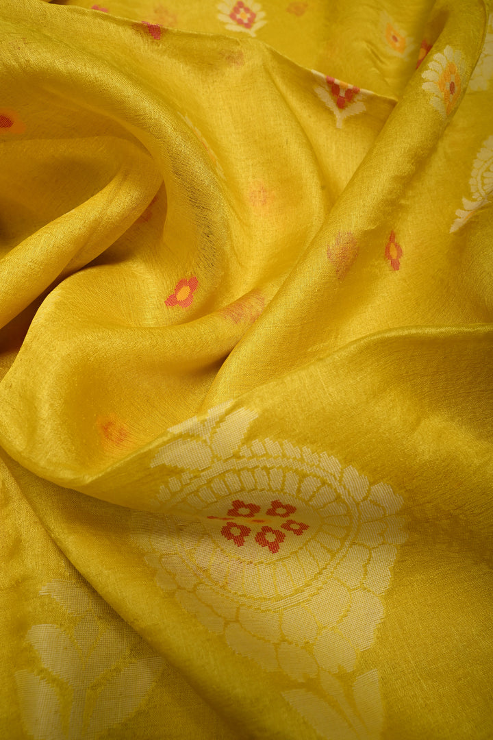 Canary Yellow Tussar Silk Saree with Jamdani Weave Buttas and Floral Border  | SILK MARK CERTIFIED | SHOBITAM