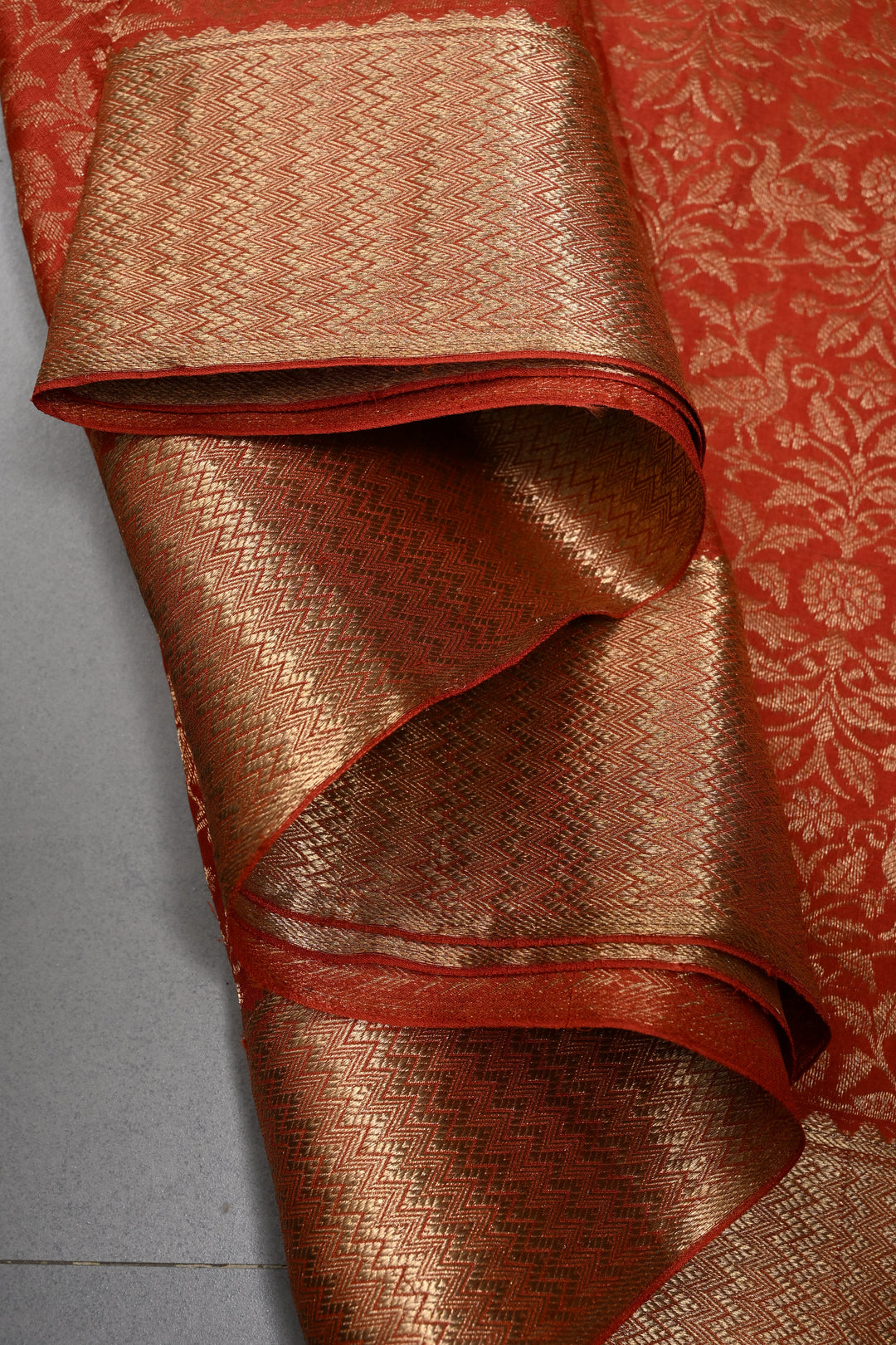 Rust Orange Mysore Silk Saree with Birds Floral Zari Brocade and Zari Border in KSIC Grade Thickness | SILK MARK CERTIFIED | SHOBITAM