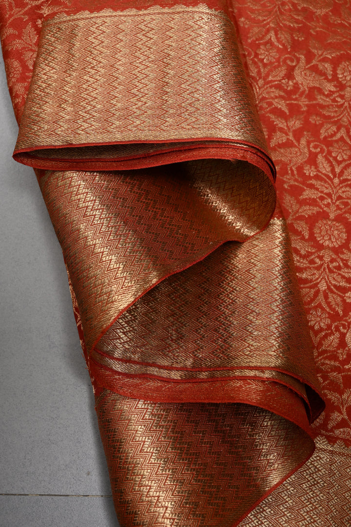 Rust Orange Mysore Silk Saree with Birds Floral Zari Brocade and Zari Border in KSIC Grade Thickness | SILK MARK CERTIFIED | SHOBITAM
