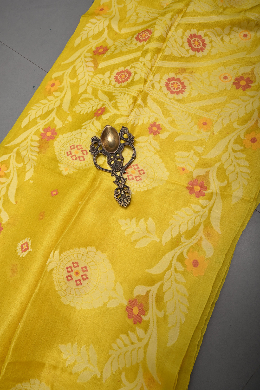 Canary Yellow Tussar Silk Saree with Jamdani Weave Buttas and Floral Border  | SILK MARK CERTIFIED | SHOBITAM