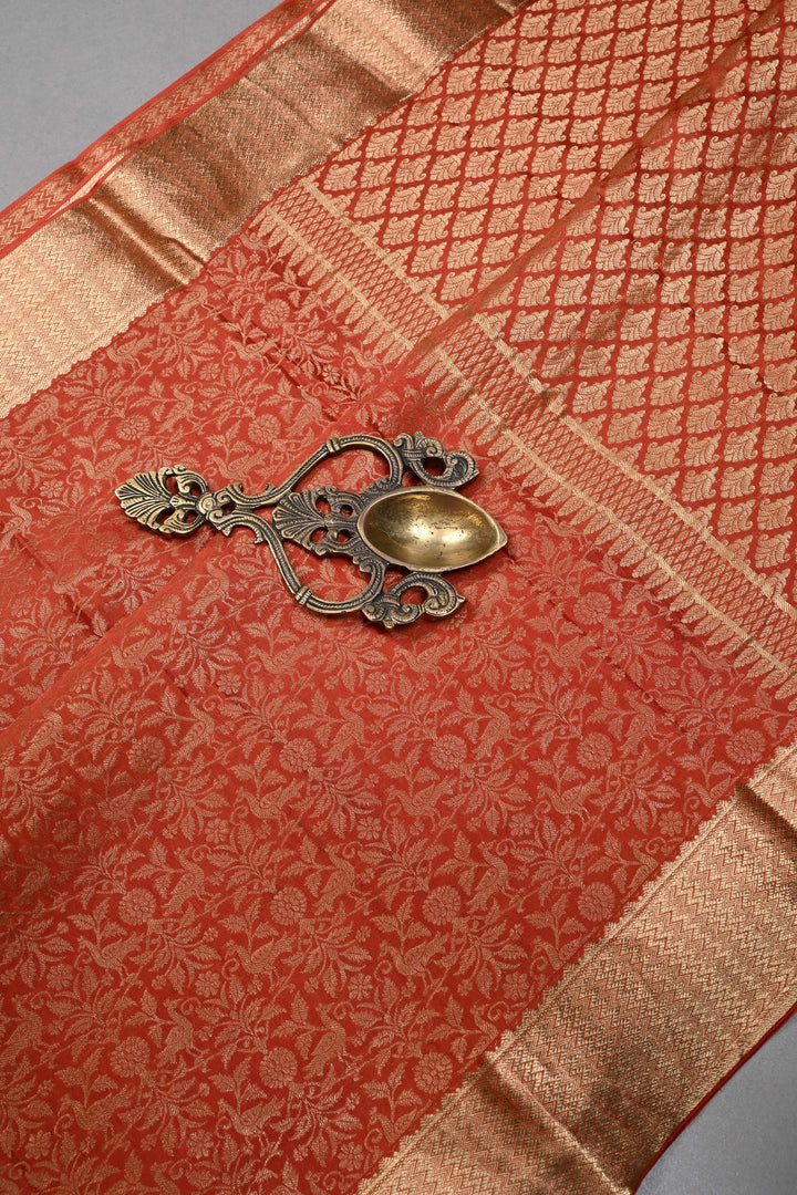 Rust Orange Mysore Silk Saree with Birds Floral Zari Brocade and Zari Border in KSIC Grade Thickness | SILK MARK CERTIFIED | SHOBITAM