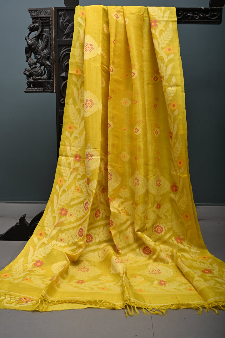 Canary Yellow Tussar Silk Saree with Jamdani Weave Buttas and Floral Border  | SILK MARK CERTIFIED | SHOBITAM