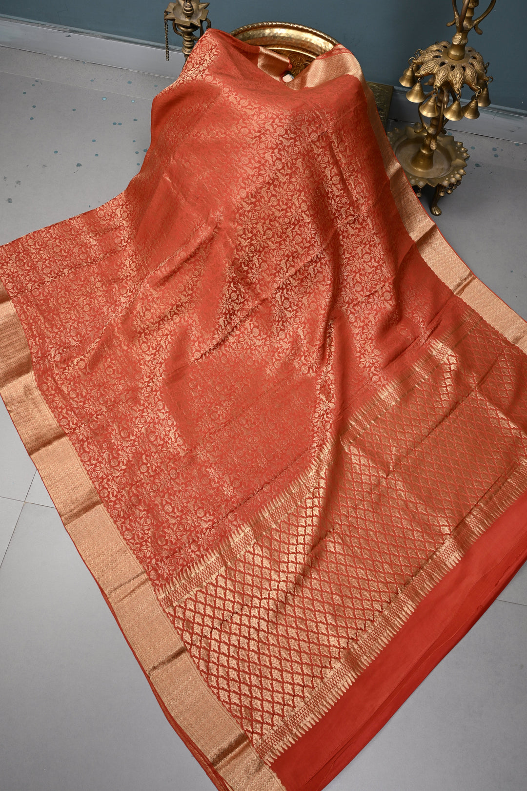 Rust Orange Mysore Silk Saree with Birds Floral Zari Brocade and Zari Border in KSIC Grade Thickness | SILK MARK CERTIFIED | SHOBITAM