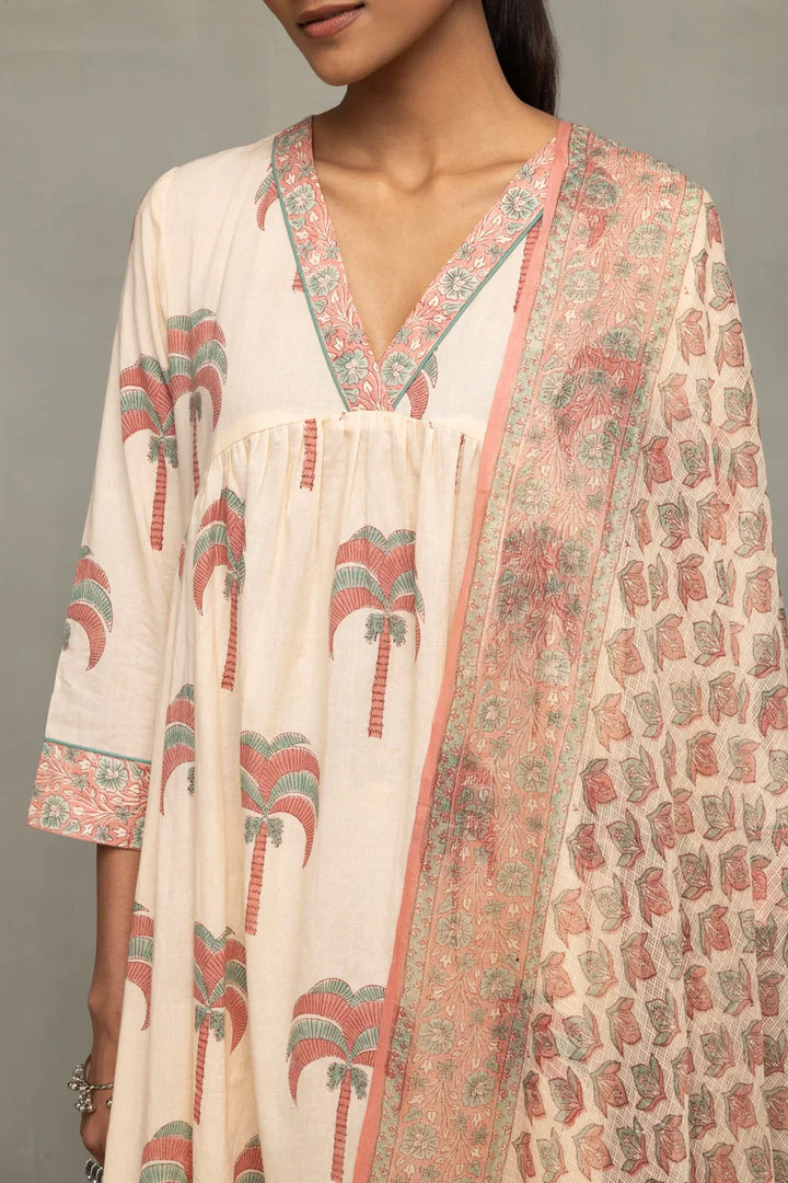 Cream and Pink Hand Block Palm Printed Kurta Set with Dupatta | SHOBITAM
