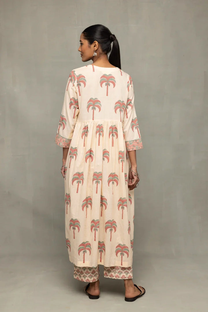 Cream and Pink Hand Block Palm Printed Kurta Set with Dupatta | SHOBITAM