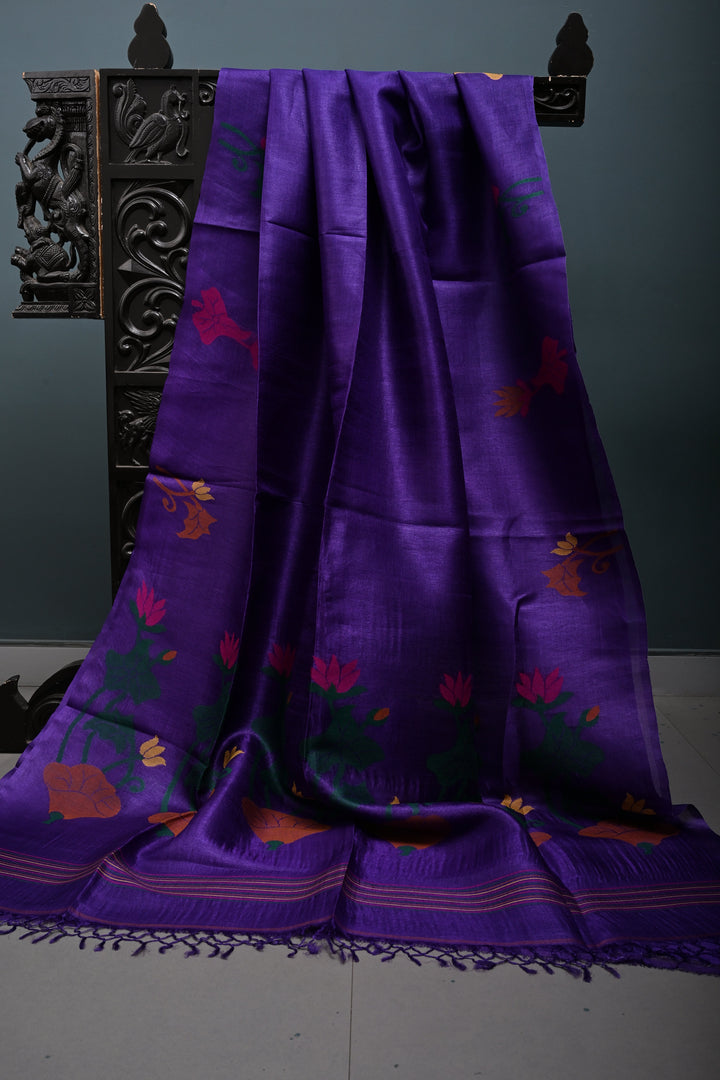 Purple Tussar Silk Saree with Jamdani Meenakari Weaving Buttas  | SILK MARK CERTIFIED | SHOBITAM