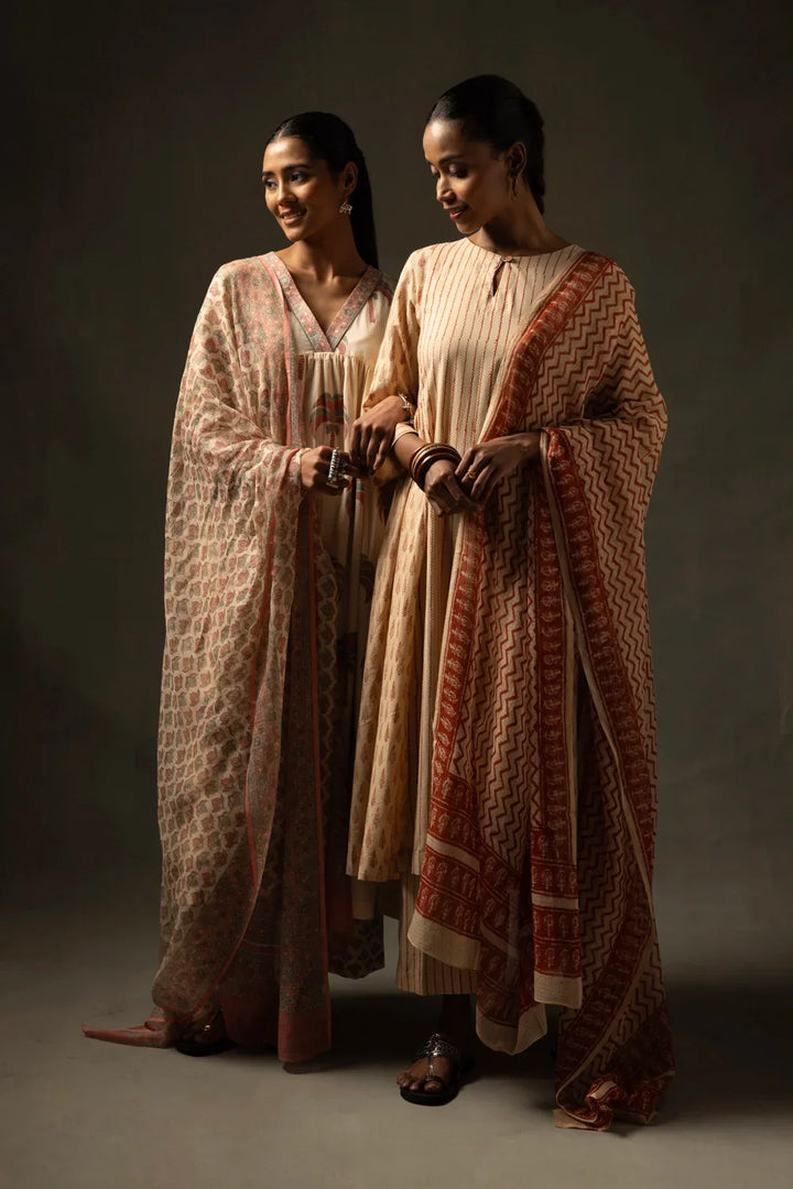 Terracotta and Cream Block Printed Kurta Set with Dupatta | SHOBITAM