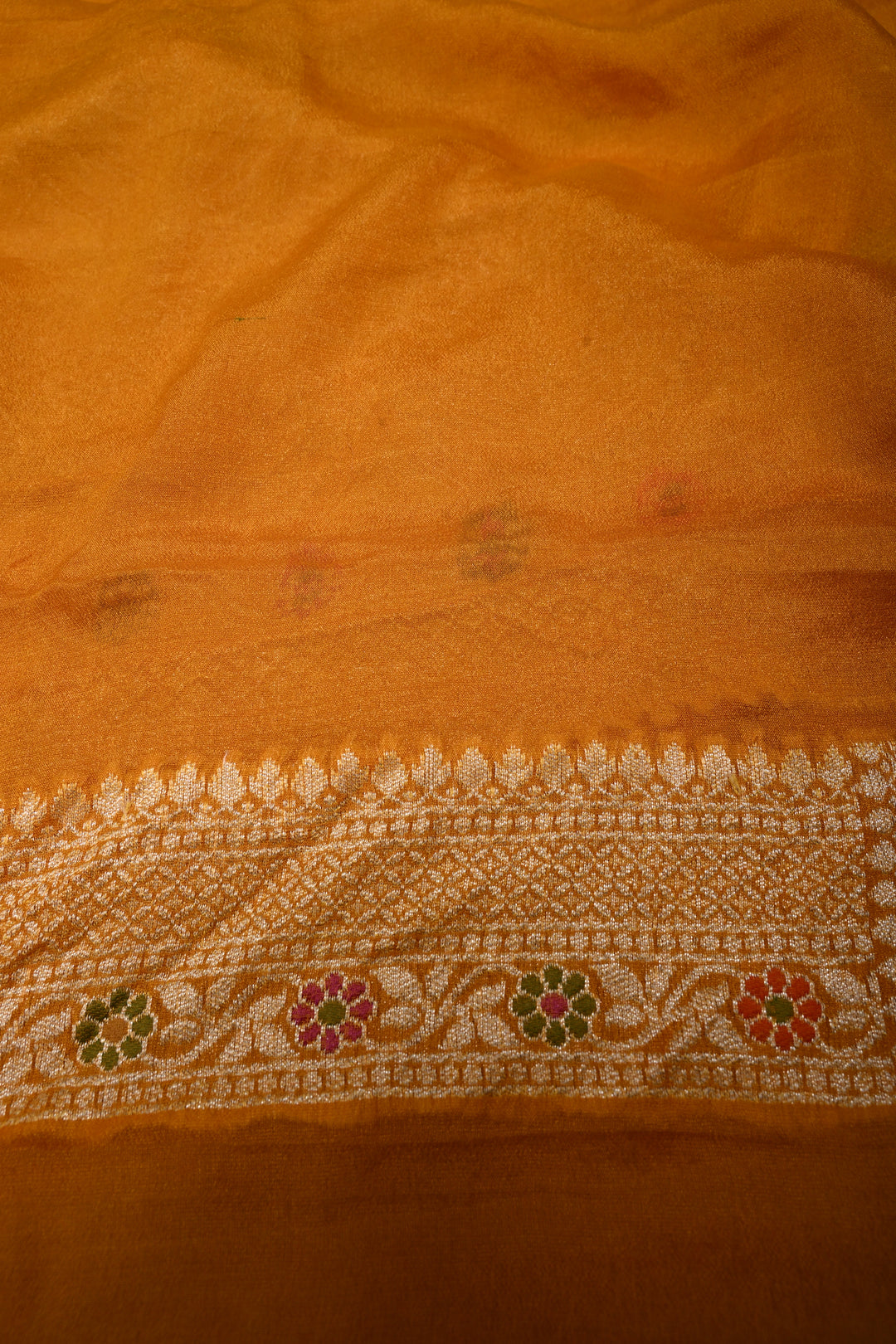 Mustard Yellow Banarasi Georgette Silk Saree with Meenakari Floral Jaal with Zari Border | SILK MARK CERTIFIED | SHOBITAM