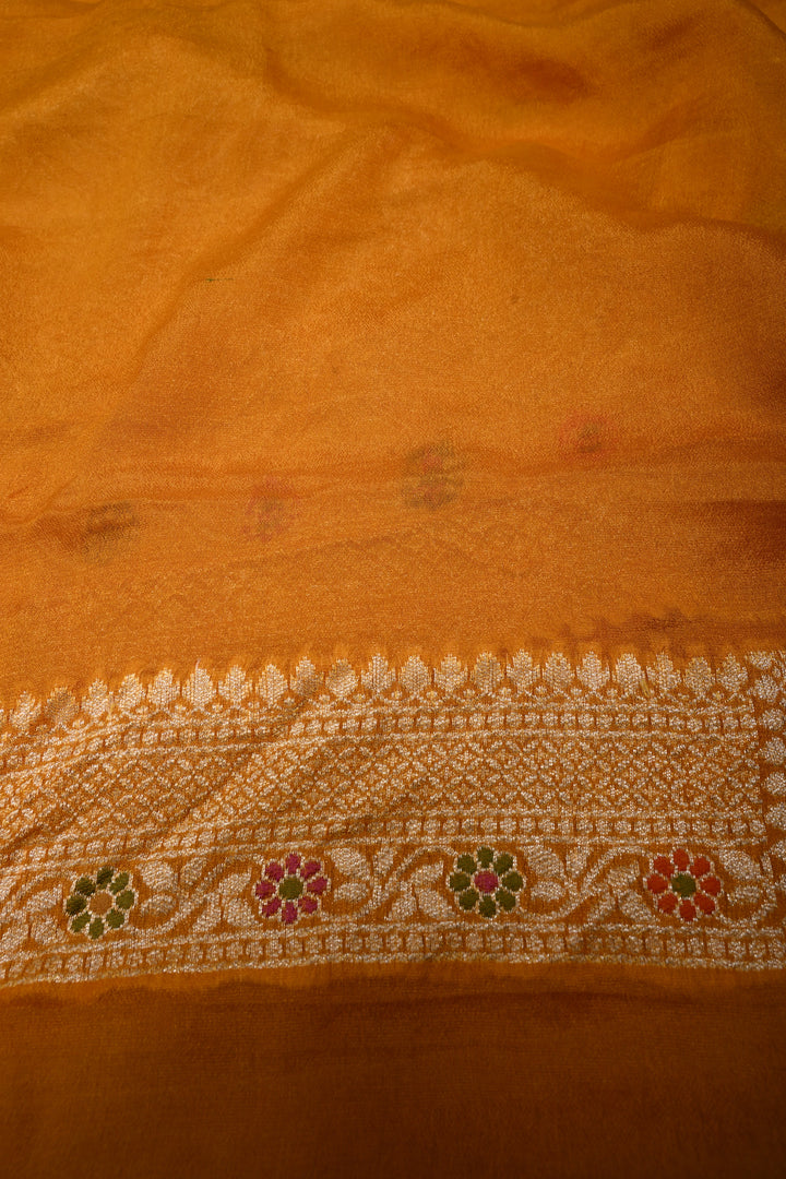 Mustard Yellow Banarasi Georgette Silk Saree with Meenakari Floral Jaal with Zari Border | SILK MARK CERTIFIED | SHOBITAM