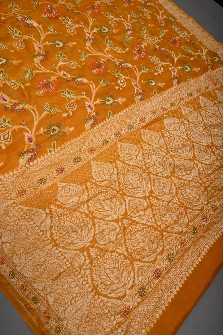 Mustard Yellow Banarasi Georgette Silk Saree with Meenakari Floral Jaal with Zari Border | SILK MARK CERTIFIED | SHOBITAM