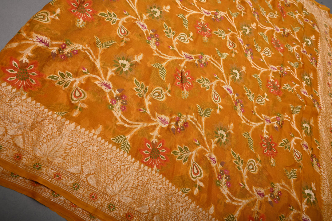 Mustard Yellow Banarasi Georgette Silk Saree with Meenakari Floral Jaal with Zari Border | SILK MARK CERTIFIED | SHOBITAM