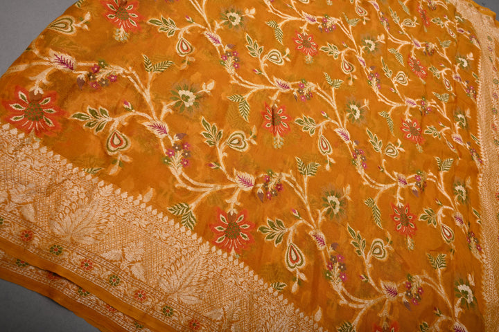 Mustard Yellow Banarasi Georgette Silk Saree with Meenakari Floral Jaal with Zari Border | SILK MARK CERTIFIED | SHOBITAM