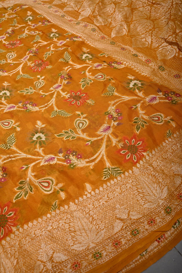 Mustard Yellow Banarasi Georgette Silk Saree with Meenakari Floral Jaal with Zari Border | SILK MARK CERTIFIED | SHOBITAM