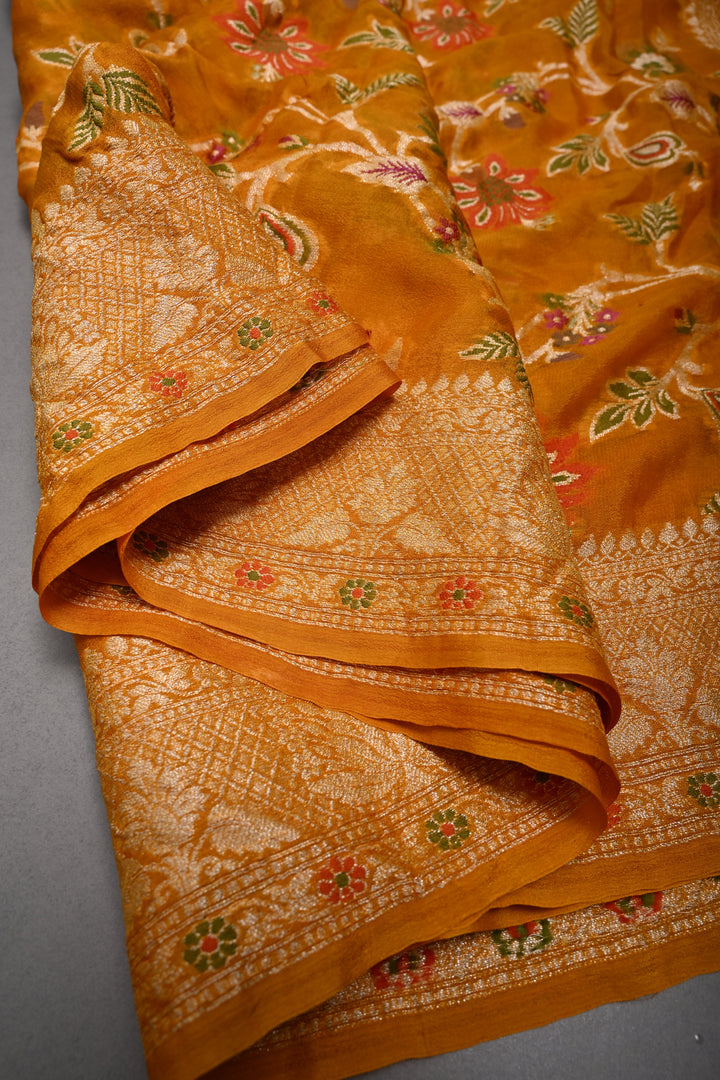 Mustard Yellow Banarasi Georgette Silk Saree with Meenakari Floral Jaal with Zari Border | SILK MARK CERTIFIED | SHOBITAM