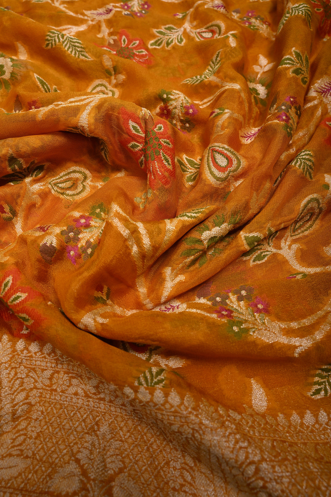 Mustard Yellow Banarasi Georgette Silk Saree with Meenakari Floral Jaal with Zari Border | SILK MARK CERTIFIED | SHOBITAM