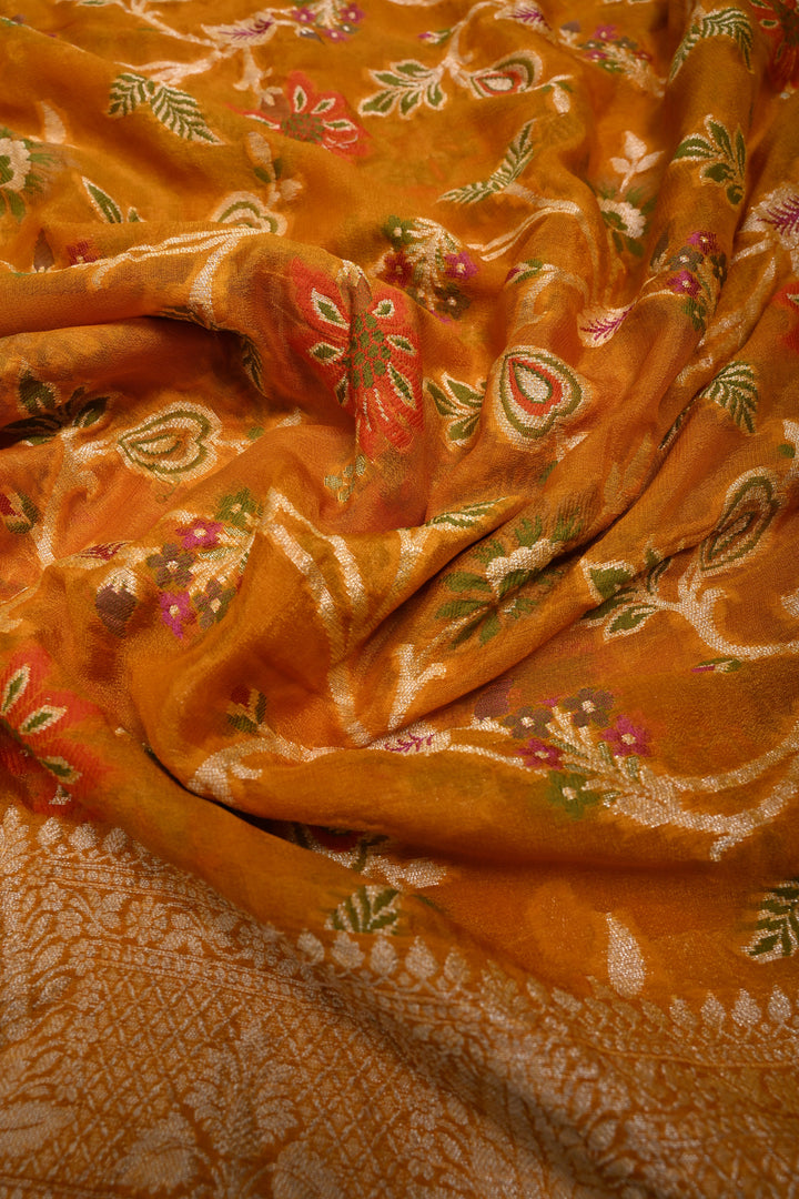 Mustard Yellow Banarasi Georgette Silk Saree with Meenakari Floral Jaal with Zari Border | SILK MARK CERTIFIED | SHOBITAM