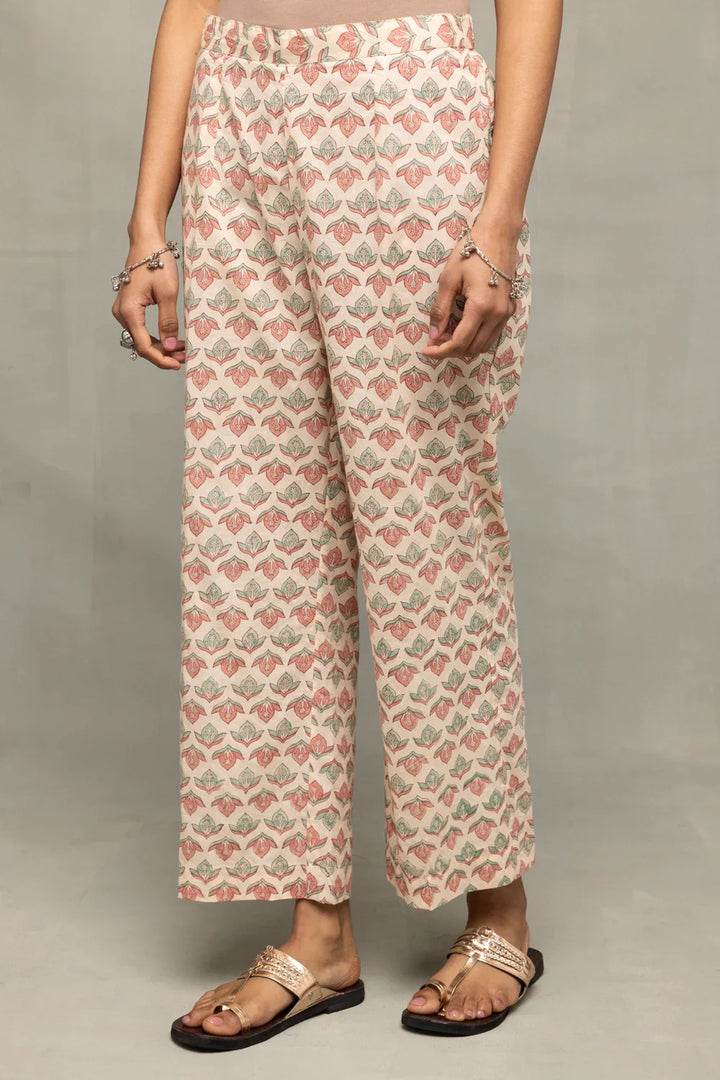 Cream and Pink Hand Block Palm Printed Kurta Set with Dupatta | SHOBITAM