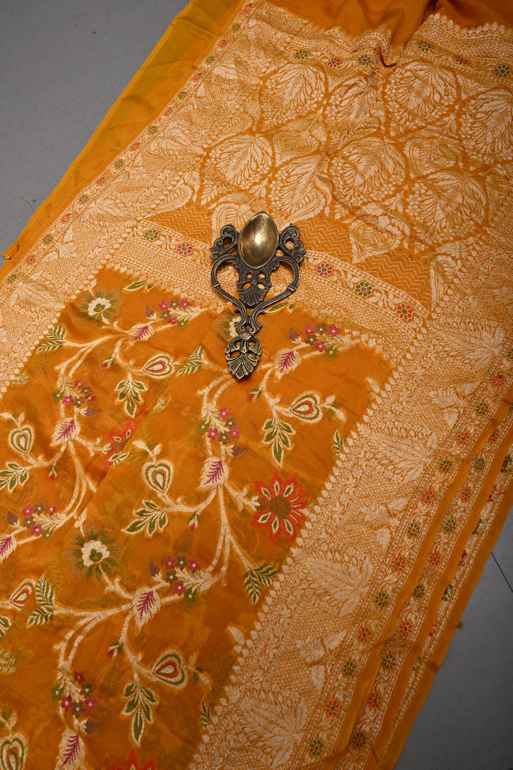 Mustard Yellow Banarasi Georgette Silk Saree with Meenakari Floral Jaal with Zari Border | SILK MARK CERTIFIED | SHOBITAM