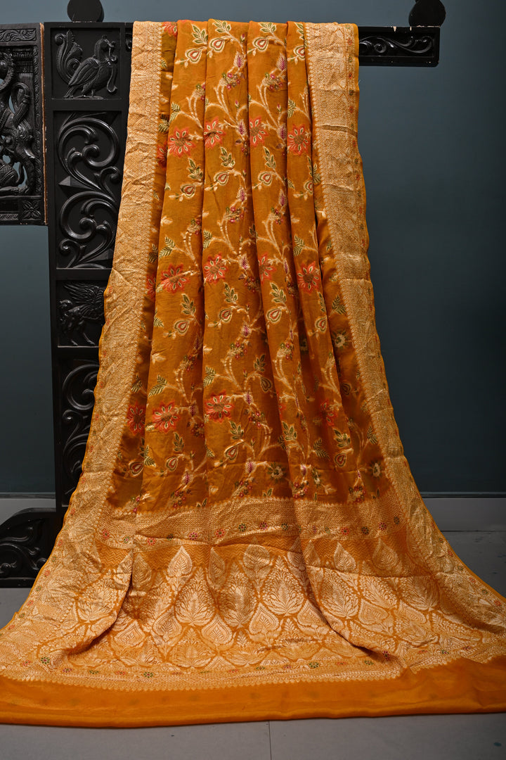 Mustard Yellow Banarasi Georgette Silk Saree with Meenakari Floral Jaal with Zari Border | SILK MARK CERTIFIED | SHOBITAM