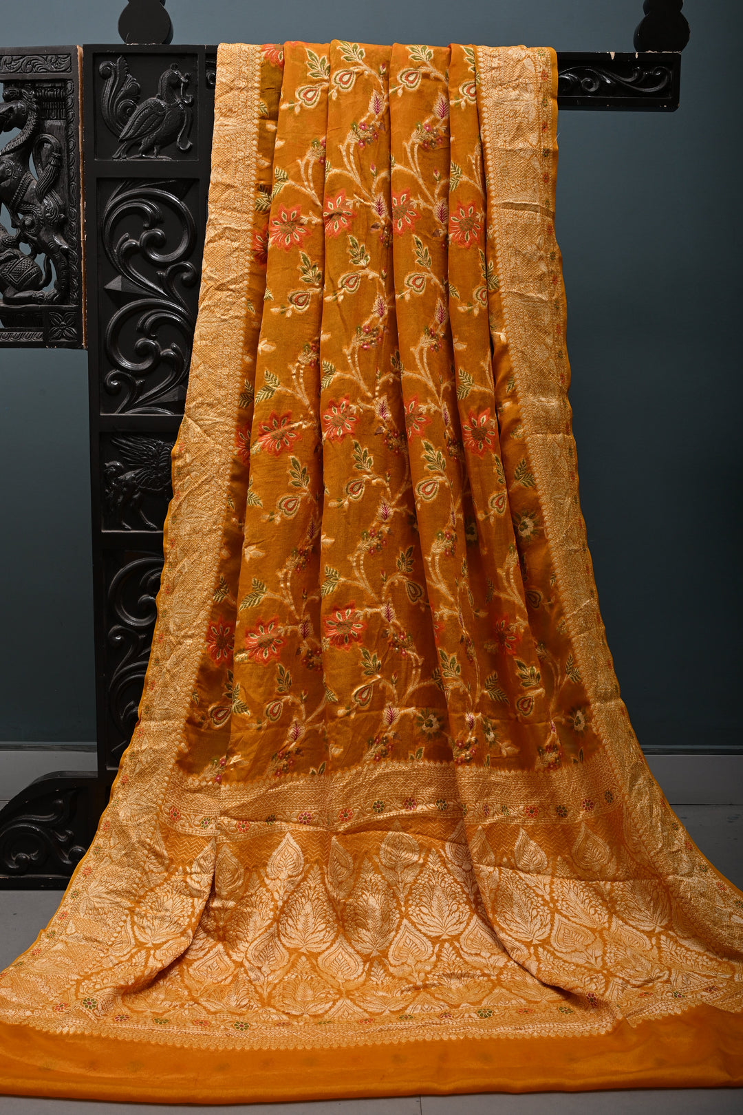 Mustard Yellow Banarasi Georgette Silk Saree with Meenakari Floral Jaal with Zari Border | SILK MARK CERTIFIED | SHOBITAM